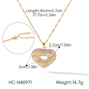Détails d'un collier cœur bicolore en acier inoxydable avec dimensions et poids.