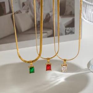 Europese Luxe Vierkante Zirconia Hanger Halsketting Voor Vrouwen Roestvrij Staal 18K Verguld Slangenketting Minimalistische Sieraden