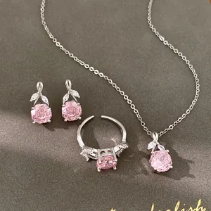 Elegant pink zircon jewelry set featuring rose flower stud earrings, necklace, and ring