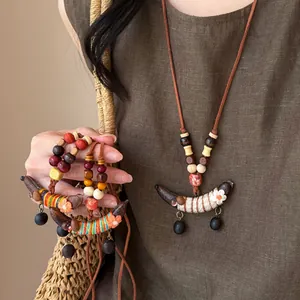 Retro Nieuwe Chinese Stijl Houten Kralen Hanger Ketting Vrouwen Handgemaakte Zen Erwtenpeul Lange Trui Ketting Sieraden