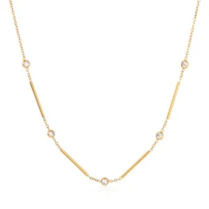 Elegant 18k gold plated stainless steel necklace with geometric bars and cubic zirconia.