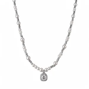 Light Luxury Beaded Zirconia Square Pendant Necklace For Women Artificial Pearl Copper Silver Plated Inlaid Choker Daily Jewelry Gift