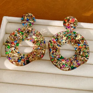 Boucles d'oreilles rondes creuses en acrylique à paillettes avec tiges en argent