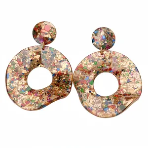 Luxus Acryl Hohl Rund Ohrstecker mit Silber Stift Bunte Folie Pailletten Eingelegt Bohemian Statement Ohrringe für Damen