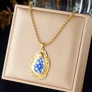 Retro Roestvrij Staal Verguld Emaille Waterdruppel Hanger Halsketting Voor Vrouwen Geometrische Kantrand Kralenketting Sieraden Cadeau
