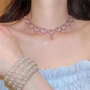 Juego de Joyas de Perlas Artificiales Redondas Hechas a Mano Estilo Coreano Collar con Colgante de Corazón Pulsera Tejida Joyería de Moda para Mujer