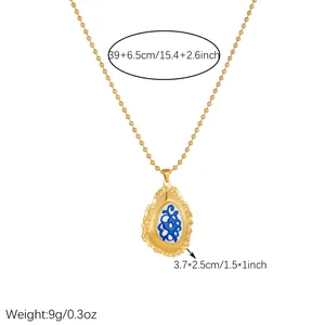 Vintage vergulde roestvrijstalen ketting met blauwe patronen en afmetingen van de hanger