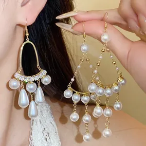 Orecchini a Goccia con Nappa di Perle Artificiali Vintage Francese in Rame Oro Zirconia Lunghi Ganci per Orecchie da Donna Gioielli