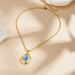 Vintage vergulde roestvrijstalen ketting met blauwe emaille bloemen druppel hanger