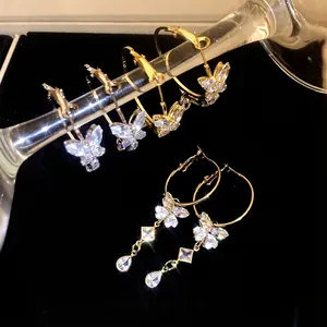 Elegant zircon butterfly drop tassel earrings with silver needles for women fashion