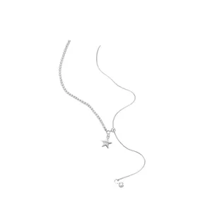 Koreaanse Stijl Asymmetrische Zilveren Ster Hart Ronde Hanger Halsketting Voor Vrouwen Koper Kunstparel Sleutelbeenketing Sieraden