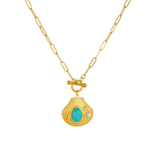 Vintage gouden schelphanger ketting met turquoise steen en parel, roestvrij staal sieraad