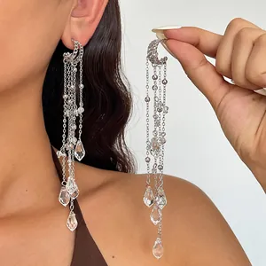 Alloy Glass Water Drop Tassel Earrings With Silver Earring Post European Style Metallic Sequin Fringe Earrings For Women Party Jewelry