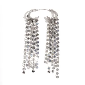 Silver sequin tassel drop earrings with shimmering metallic disks in minimalist style