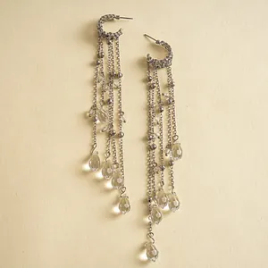 Close-up detail of long silver tassel earrings featuring clear faceted glass teardrop beads