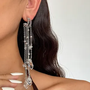 Close-up view of elegant silver metal tassel earrings with sparkling glass teardrop drops on model