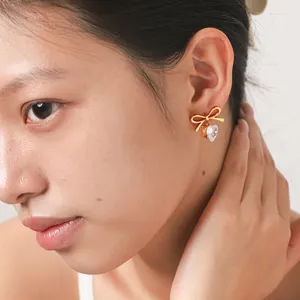 Luxury Stainless Steel Butterfly Heart Stud Earrings For Women 18K Gold Plated Zirconia Ins Style Delicate Light Luxury Jewelry Gift
