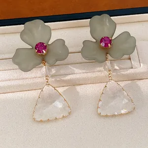 Luxury Acrylic Flower Triangle Drop Earrings For Women Fashion Exaggerated Silver Earring Post Inlaid Rhinestone High-End Jewelry