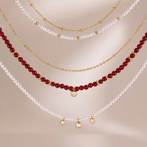 Freshwater Pearl Red Agate Stainless Steel Necklace For Women Minimalist Rhinestone Pendant Layered Choker Jewelry Gift