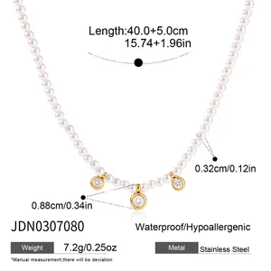 Detail view of a stainless steel pearl necklace with dimensions and material specifications.