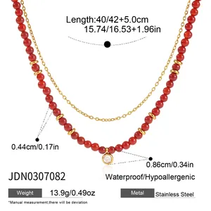 Detailed view of red agate beaded necklace with stainless steel gold chain and measurements.