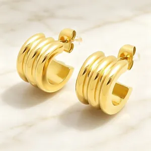 Minimalist Stainless Steel C-Shaped Stud Earrings For Women Three-Layer Curved Tube European Style Geometric Jewelry Accessory