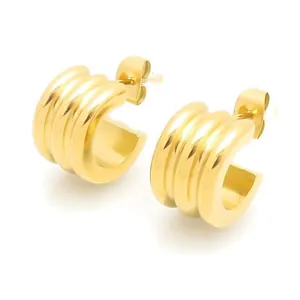 Minimalist stainless steel triple-layered C-shaped gold hoop earrings for women