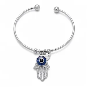 Französischer Stil Kupfer Strass Unendlichkeit Hamsa Hand Herz Anhänger Armreif Armband Für Damen Silber Blau Verstellbar