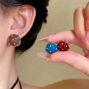 Chinesischer Stil Polka Dot Runde Emaille Creolen Vintage Gold Überzogene Tropföl Eisen Ohrringe Für Damen Modeschmuck