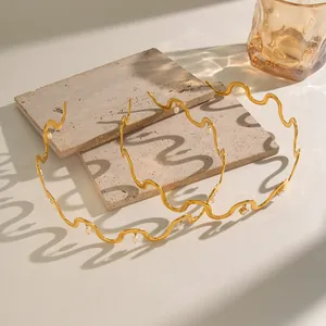 Minimalistisch Edelstahl Wellen Halsband Halskette Für Damen Gold Galvanisiert Geometrie Wasserwelle Kragen Mit Zirkonia Künstliche Perle Anhänger Schmuck