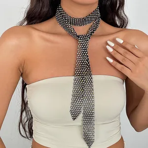 Elegant rhinestone necktie necklace featured in close-up detail on model