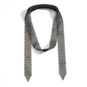 Iridescent rhinestone-studded black woven necktie necklace for women fashion jewelry