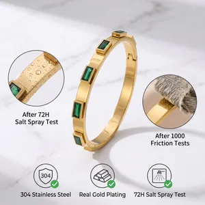 Bracelet luxe en acier inoxydable 304 plaqué or avec zircons vert émeraude