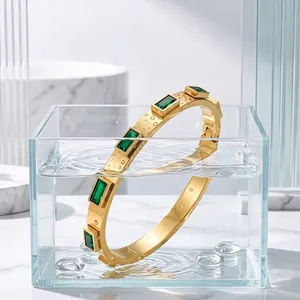 Waterproof gold titanium steel bangle with emerald green zircons for women fashion