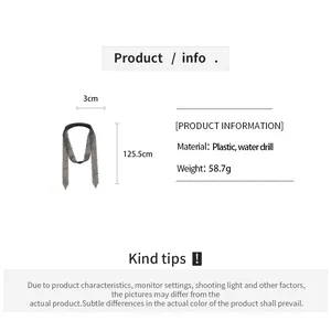 Detailed specifications for the luxury rhinestone woven tie necklace including size and material