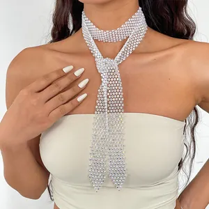 Detail shot of a woven tie-style rhinestone necklace on model, elegant choker jewelry.