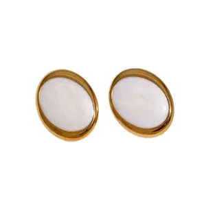 Boucles d'oreilles ovales élégantes en acier inoxydable avec émail blanc style rétro