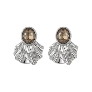 Vintage Oval Rhinestone Stud Earrings For Women European American Style Pleated Alloy Earrings Elegant Party Jewelry Accessory