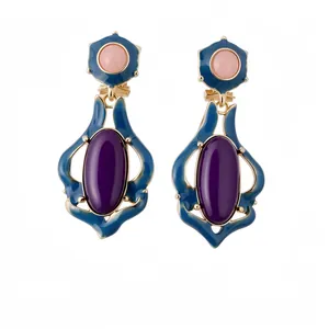 Vintage Blau Emaille Lila Harz Oval Ohrstecker Für Damen Luxuriöse Goldton Legierung Schmuck Mit Silber Ohrringpfosten