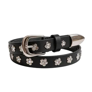 French Vintage Leather Belt For Women Fashion Advanced Black Belt With Silver Metal Flower Buckle Thin Waist Accessories