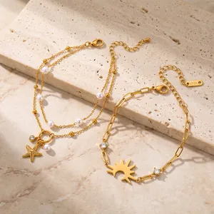 Ins Style Minimalist Stainless Steel Bracelet For Women Gold Plated Starfish Pattern Rhinestone Artificial Pearl Hand Jewelry Gift