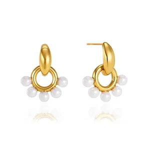 Elegant gold plated stainless steel door knocker earrings featuring white resin pearls