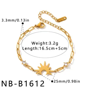 Macro view of gold stainless steel sunburst bracelet with cubic zirconia details and dimensions