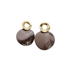 Vintage Geometric Round Acetate Drop Earrings For Women Gold Hammered Metal 925 Sterling Silver Post Iridescent Gray Jewelry