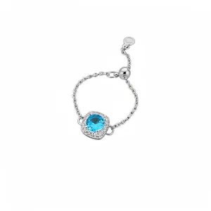Eleganter Versilberter Kupfer Runder Blauer Zirkonia Verstellbarer Zuglaschen Kettenring Für Damen Geometrischer Halo Zirkonia Eingelegter Modeschmuck Geschenk