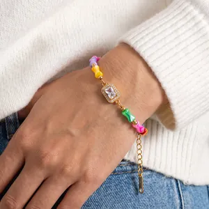 Fashion Dopamine Geometric Rhinestone Inlaid Stainless Steel Bamboo Joint Bracelet For Women Colorful Multi Layer Shell Look Jewelry
