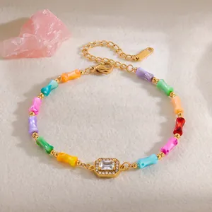 Close-up of colorful dopamine bamboo joint bracelet with a sparkling cubic zirconia centerpiece