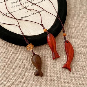Handcrafted Vintage Wood Fish Pendant Necklace Woven Rope Long Sweater Chain Ethnic Style Artistic Jewelry For Women Accessories