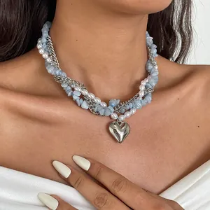 Vintage Gelaagde Hart Ketting Met Kunstparel Blauw Kralen Choker Voor Dames IJzeren Retro Esthetische Sieraden
