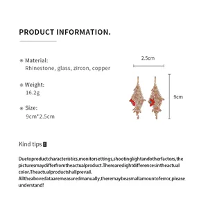 Detailed size and material specifications for rhinestone flower tassel dangle earrings.